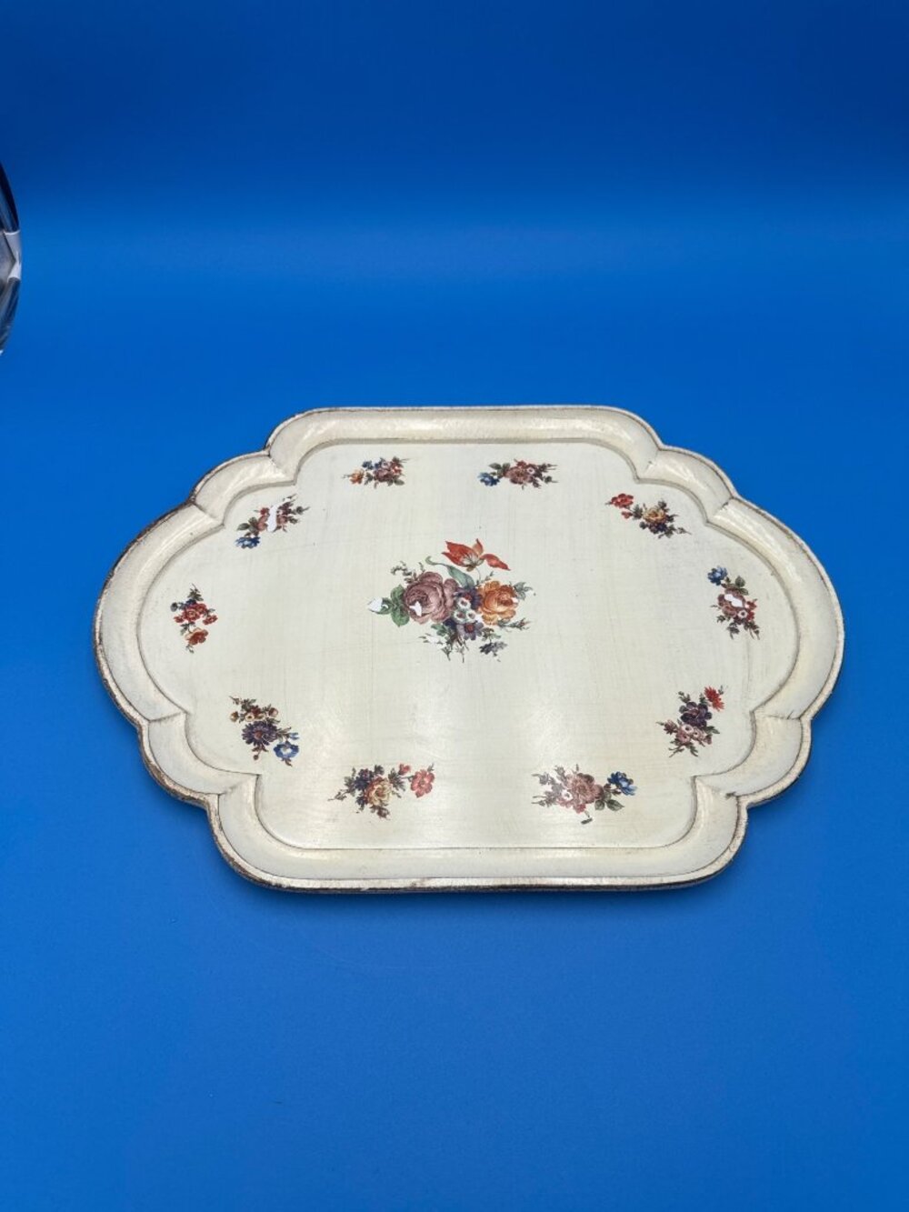 Vintage Florentine Scalloped Decorative Tray Off White Floral Wood